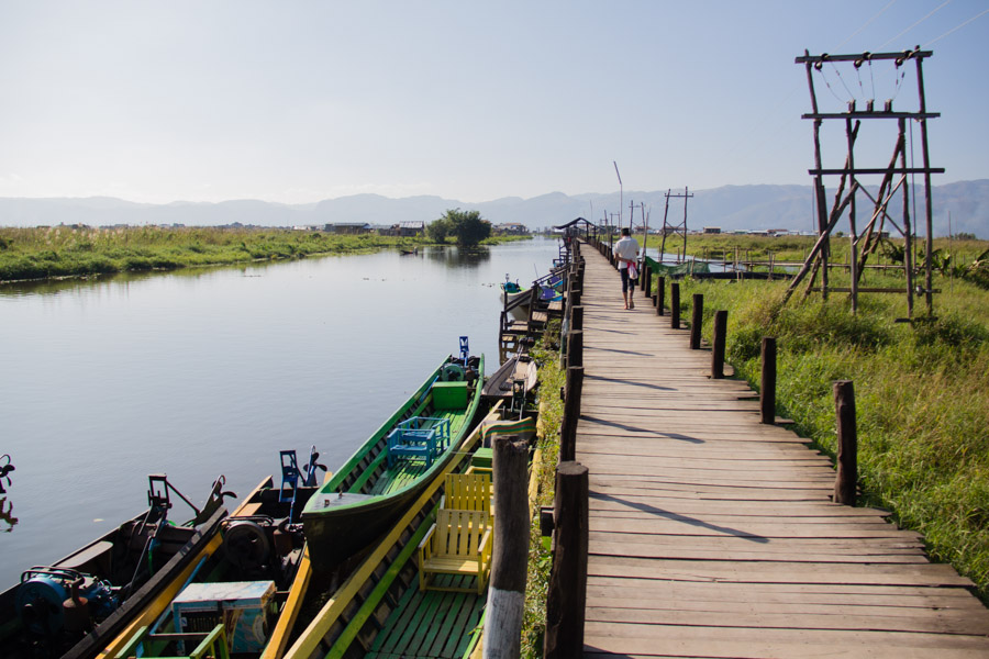 Long wooden pier on Inle Lake, Myanmar