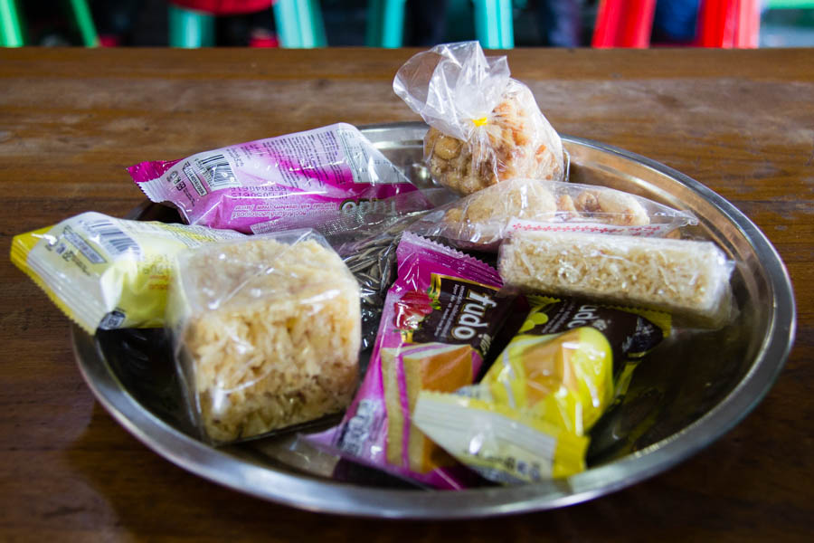 Tray of bus stop snacks in Myanmar